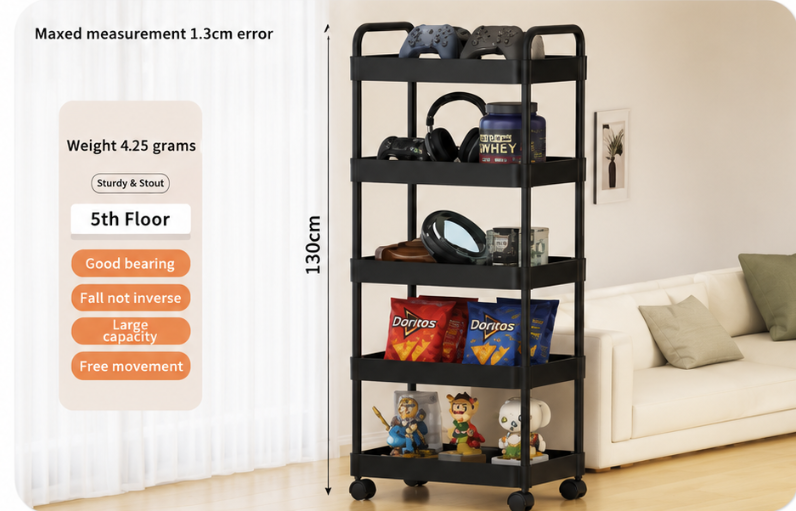 5-layer Kitchen Storage Shelf,mobile Trolley,floor Standing Multi-layer Storage Rack,For Bookshelf,snacks, fruits and Vegetables